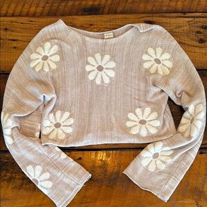 Altar'd State Cream Cropped Sweatshirt with Daisy Embroidery